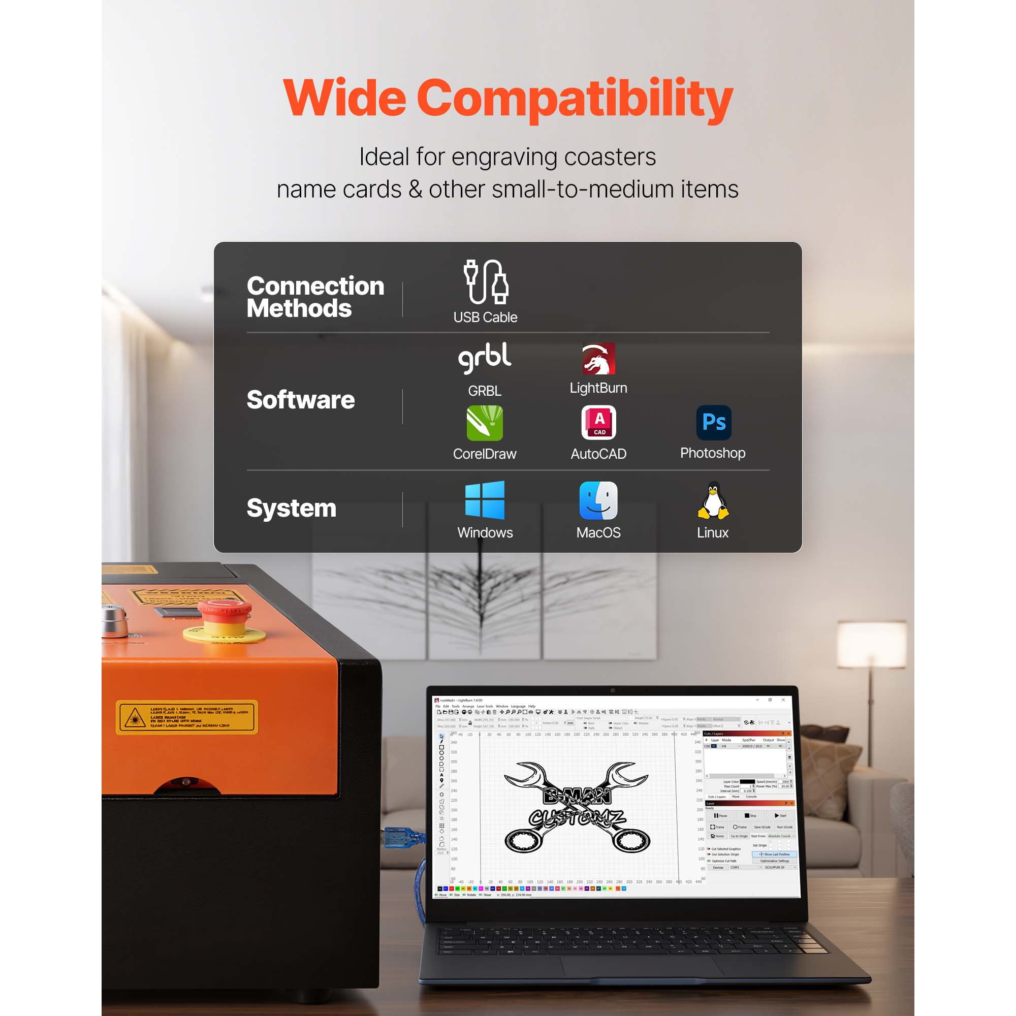 KFFKFF 45W CO2 Laser Engraver, 12 x 8 in Desktop Laser Cutter and Engraving Machine with Rotary Axis, Air Assist, Compatible with LightBurn, CorelDRAW, and GRBL for Wood, Acrylic, and Glass