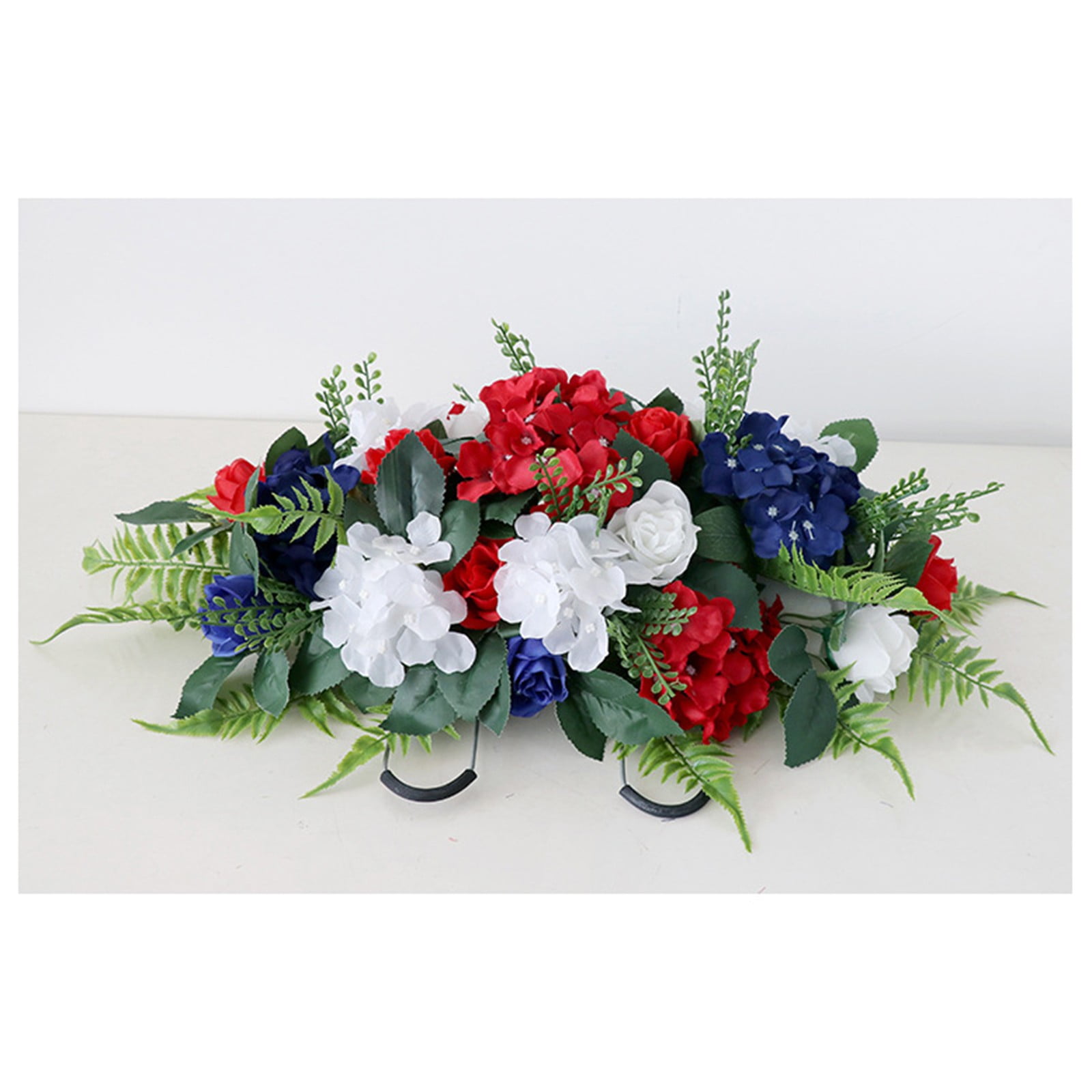 Cemetery Saddles for Headstones Patriotic Cemetery Saddle Flowers Red White and Blue Rose Arrangement with Flags, Artificial Memorial Floral Saddle for Gravesite Outdoor Decoration Durable Design