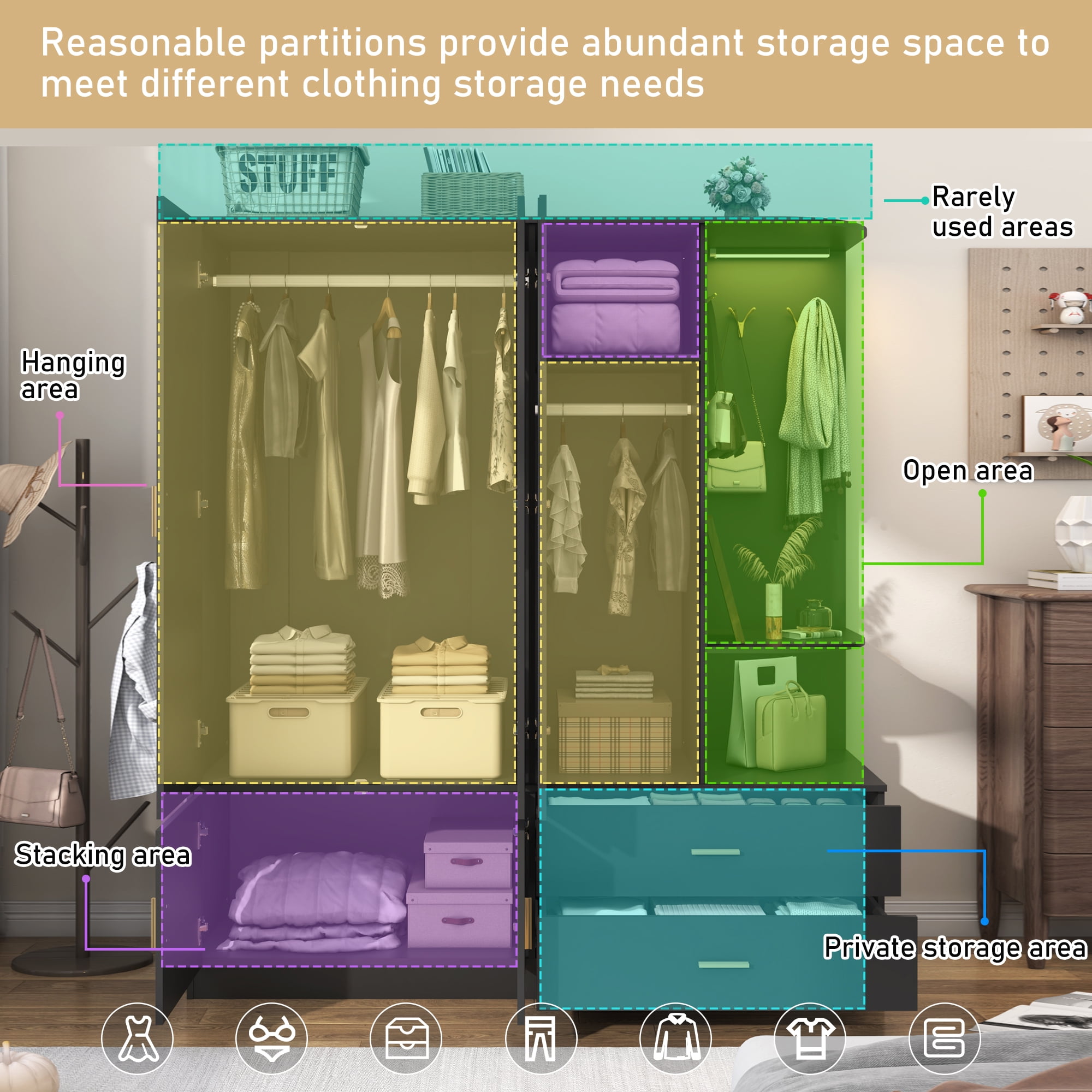 Blotout 3 Door Armoire Wardrobe Closet with Mirror & Sensor Lights, 70'' Large Wardrobe Armoire with 2 Drawers & Shelves, Modern Wooden Armoire Storage with Hanging Rod for Bedroom, Black