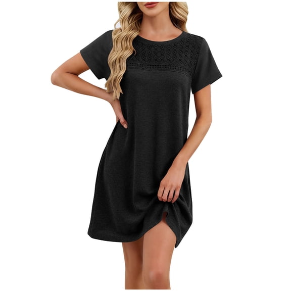 Kvture Womens Crochet Swim Cover Up Short Sleeve Waffle Knit Tops Bathing Suit Beach Dress Crew Neck Hollow Out Dresses Black L