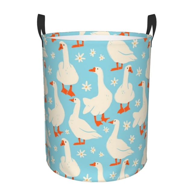 Balery White Geese and Flower Cesta de ropa redonda con asas, impermeable, independiente, para ropa, juguetes, dormitorio y familia-Small