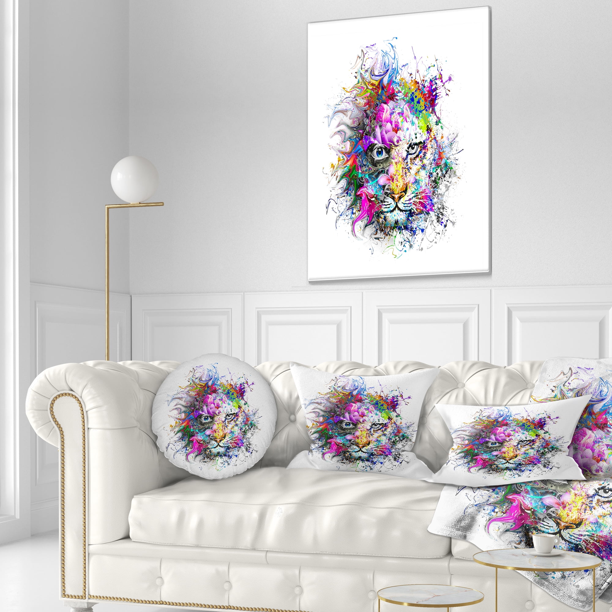Designart Tiger Face in Colorful Splashes - Abstract Throw Pillow - 12x20