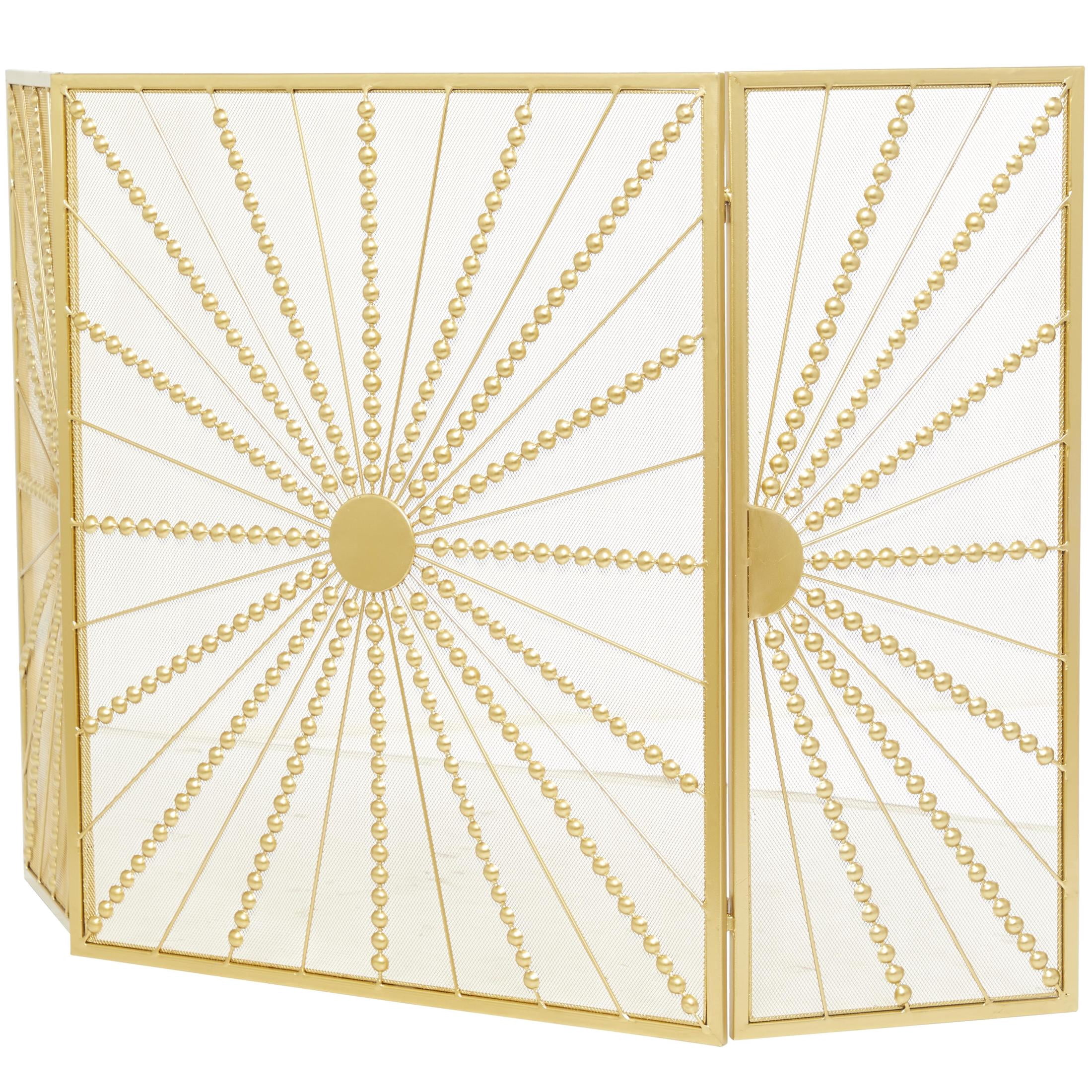 DecMode 48" x 30" Gold Metal 3 Panel Starburst Fireplace Screen with Beaded Rays, 1-Piece