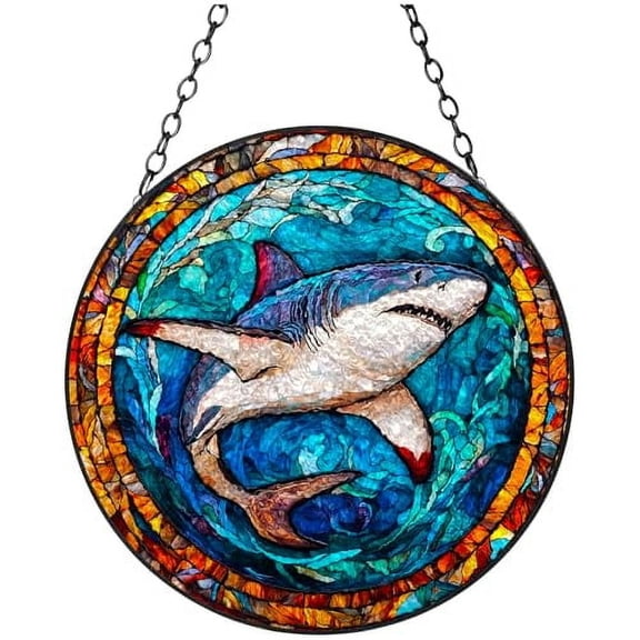 Stained Glass Suncatcher Sea Shark Jumping Handmade Window Hangings Colored Glass Suncatcher Crafts Kits for Indoor Garden Christmas Decoration 16x16cm-2