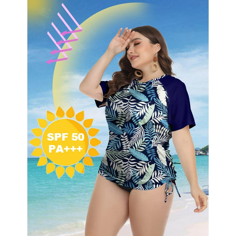 TIYOMI Women's Plus Size Swimsuit Tops 3X Gradient Blue Raglan Rash Guard  Shirts Short Sleeve Surfing Swim Shirts 3XL 22W 24W