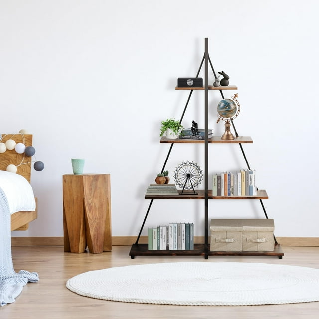 QinaQin Librero tipo escalera de 4 niveles con diseño de velero, estante en forma A con estructura metálica negra y acabado madera vintage para sala u oficina