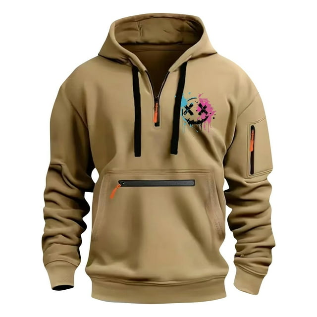 Styesk Sweatshirts for Men Men's Spring And Fall Printed Hooded Sweatshirt Zipper Multi-Pocket Pullover Sweatshirt