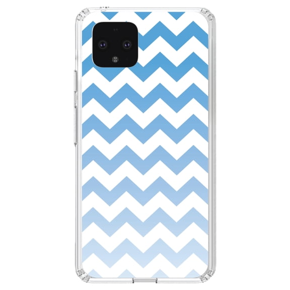 DistinctInk Clear Shockproof Hybrid Case for Google Pixel 4 XL (6.3" Screen) - TPU Bumper, Acrylic Back, Tempered Glass Screen Protector - White Blue Fade Ombré Chevron Stripes