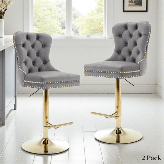 Tcbosik Bar Stools Set of 2 - Modern Swivel Counter Height Bar Chairs, Gray Velvet Upholstered Island Barstools with Thick Padded Seat and Golden Metal Pedestal Base, Seat Adjustable Height 27"-35"