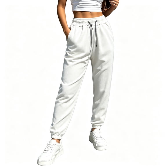 vdgthytj Sweatpants Pants for Women Elastic Drawstring High Waist Loose Solid Texture Jogger Pants Fall Running Casual Athletic Trousers with Pockets(X-Small,White)