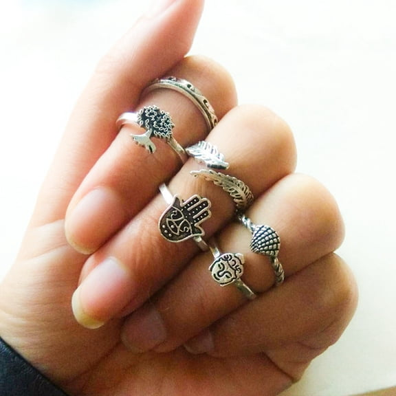 Womens Vintage Carved Alloy Rings Set European American Geometry Design Electroplated Palm Leaf Ring and Tail Ring