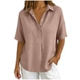 thumbnail image 3 of Iyufng Women Collared Waffle Knit Shirt Half Button Drop Shoulder Short Sleeve Loose Solid Casual Daily Blouse Top, 3 of 6