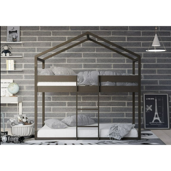 Home Design Pasco Twin Over Twin Solid Wood House Loft Bed Frame with Roof, Wood House Bed/Low Toddler Loft Bed, Taupe, Easy Assemble