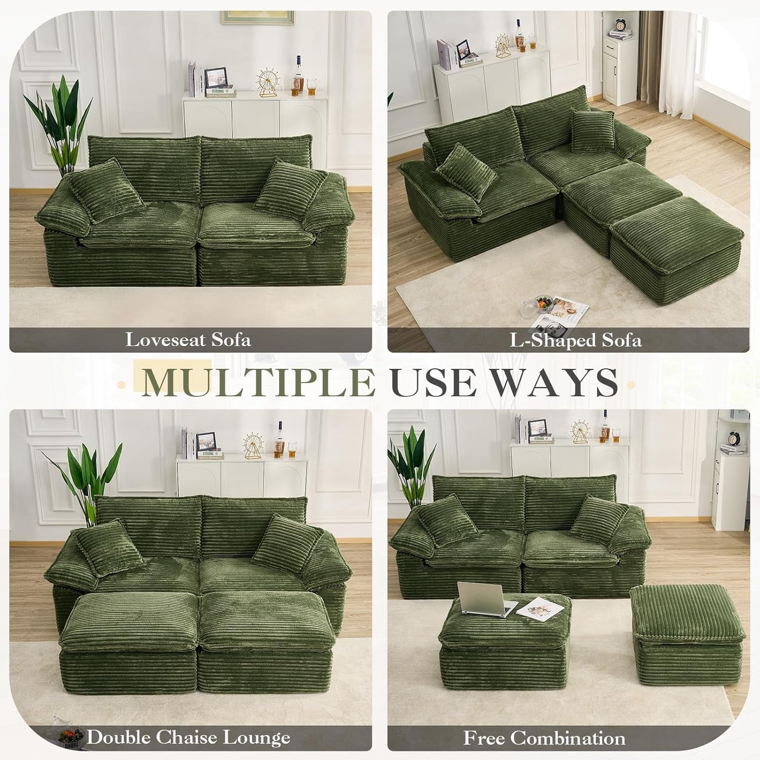 Aukfa 4-Piece Modular Sectional Sofa, Corduroy Convertible Double Chaise Lounge with Ottomans, Green