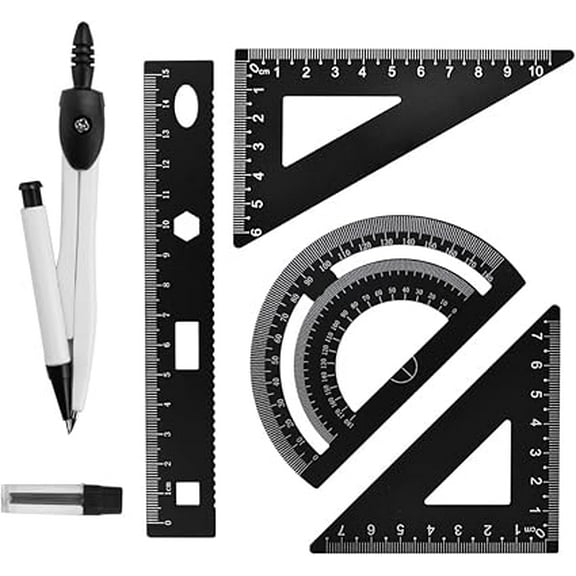 WEUVEB Precision Metal Ruler Set with Compass for Drafting and Drawing Projects, Black, 1 Set