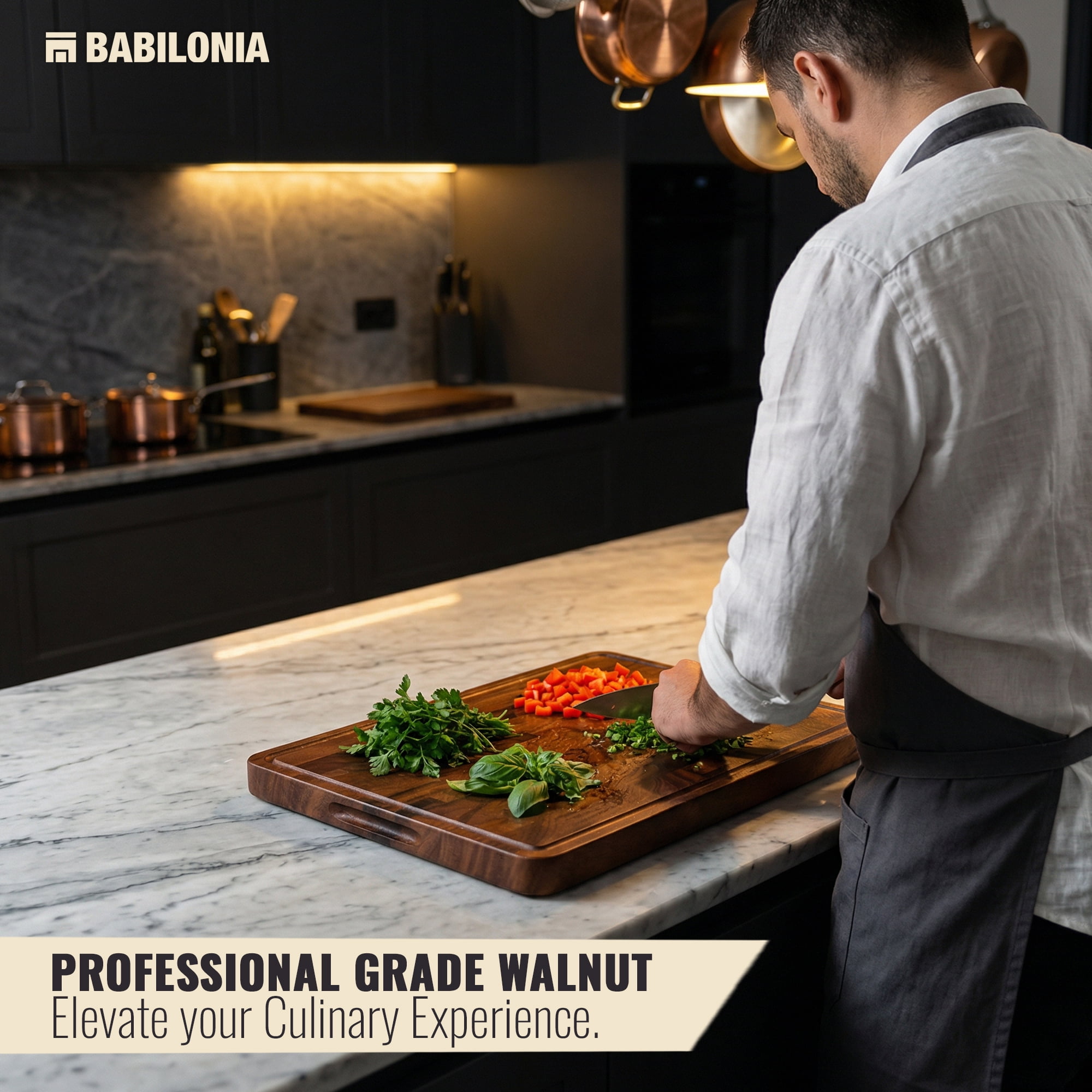 Babilonia Walnut Cutting Board - 17" x 13" x 1" Wood Chopping Board with Juice Groove and Handle (Oil Bottle Included)