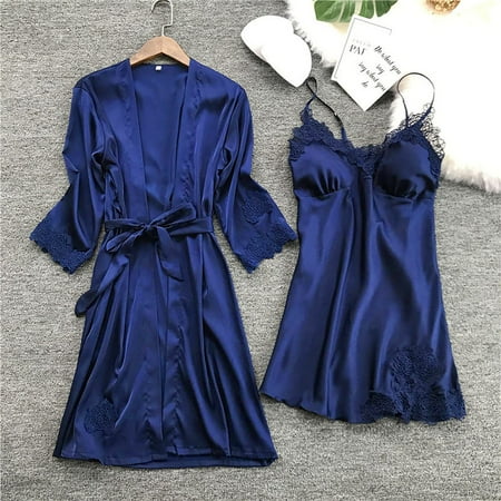 

Shiusina Lingerie Women Silk Lace Robe Dress Babydoll Nightdress Sleepwear Kimono Set Navy Blue XXXL