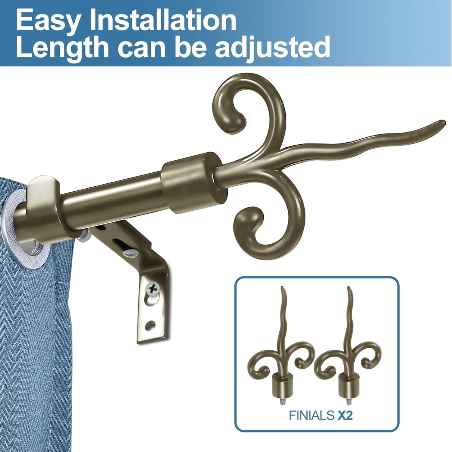 Urbanest Adjustable Single Curtain Rod Set With Flame Finials – 5/8-Inch Diameter, Antique Gold, 84–120 Inches