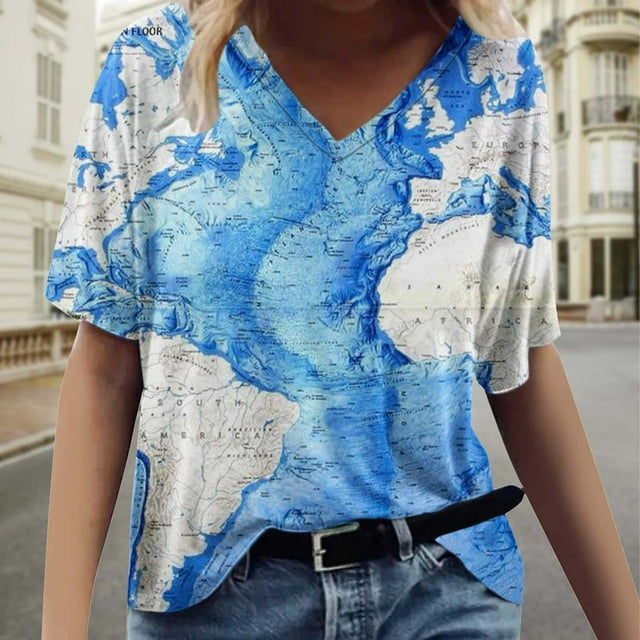 Pntutb Moda Mujer Causal Cuello en V Blusa Estampada Camiseta de Manga Corta Tops de Verano Pntutb Pntutb-7308