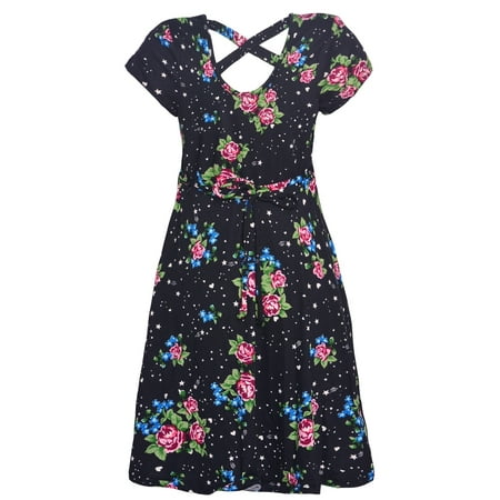 RMLA - Girls Black Pink Blue Floral Allover Pattern Short Sleeve Dress ...