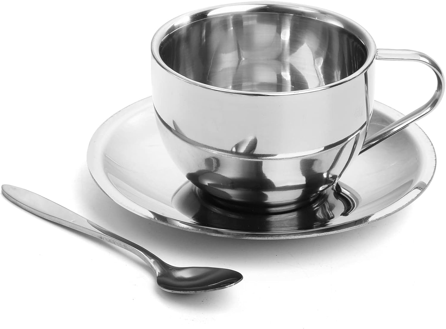 4 Pack Stainless Steel Coffee Cup Set, 6 Oz Coffee Mugs with Spoon and Saucer, Double Walled Espresso Cups Mugs for Coffee, Latte,Tea, Milk