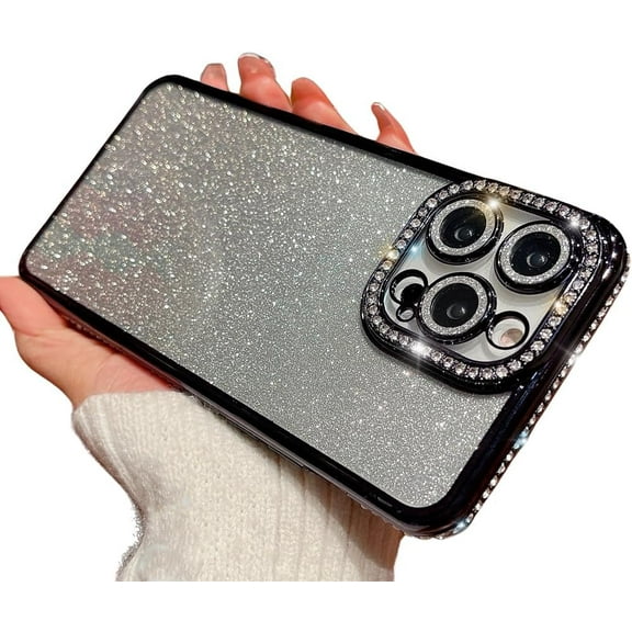 Compatible with iPhone Case,Glitter Diamond Electro Plated Bumper Clear Camera Lens Protection Soft Shockproof Cover Phone Case (Black,iPhone 15 Pro Max)
