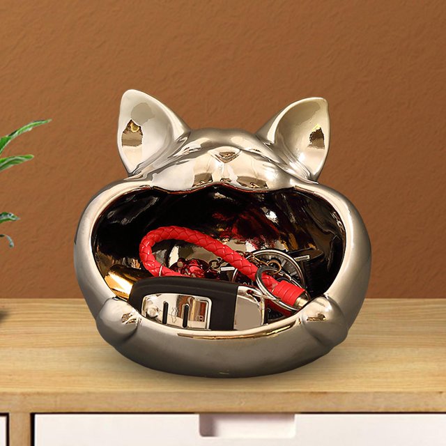 Caja de almacenamiento de dulces perfecl con estatua de gato organizador de artículos diversos Plata plateada