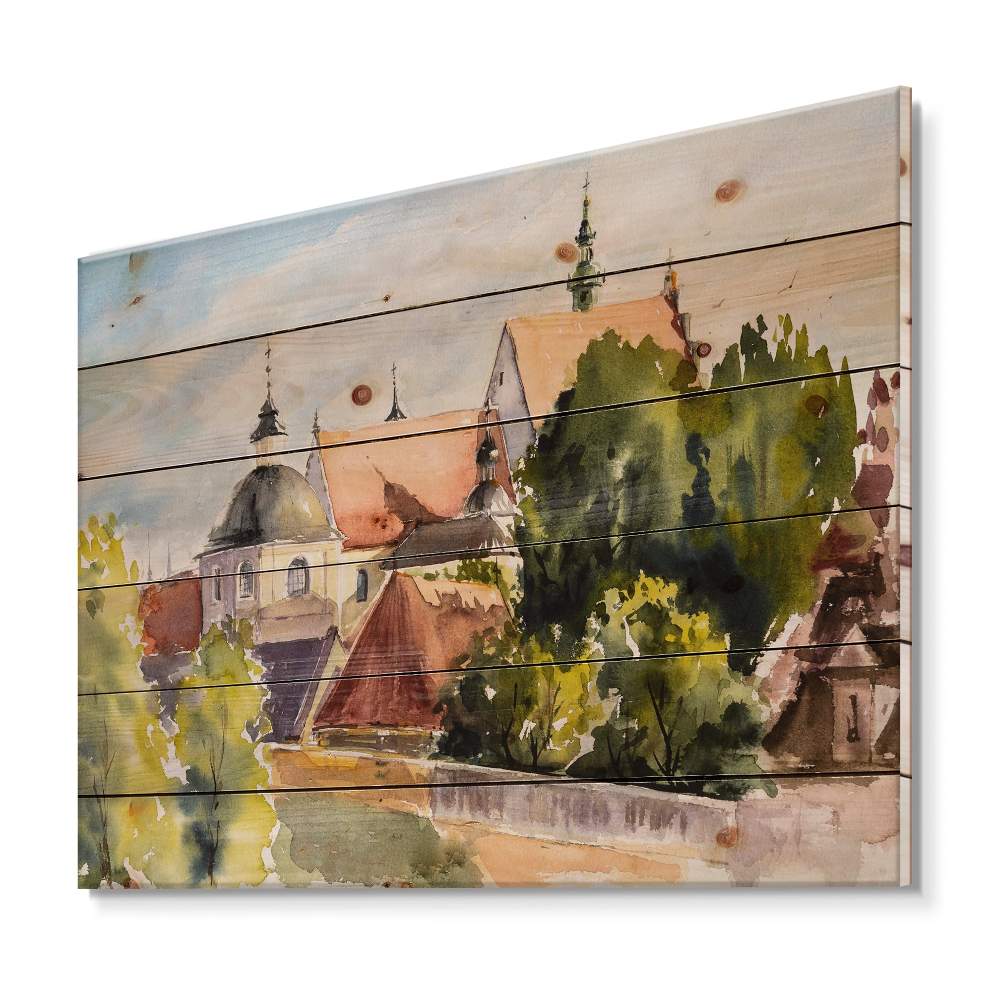 Designart 'View of Old Polish City Buildings In Nature' Traditional Print on Natural Pine Wood