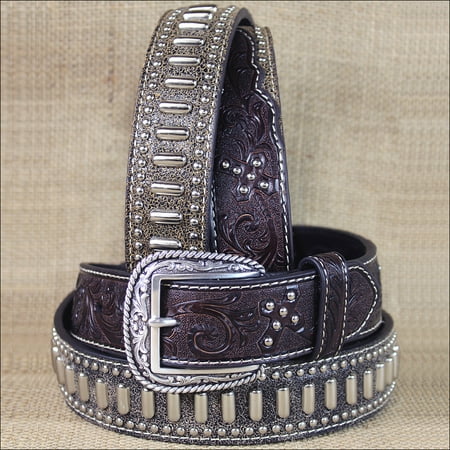 34 INCH WESTERN ARIAT TOOLED CROSS STUDS CONCHO LEATHER BROWN MENS