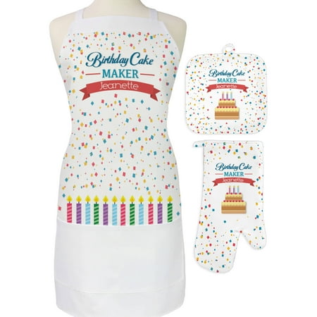 - Personalized Birthday Cake Maker 3-Piece Apron, Potholder and Oven Mitt Set