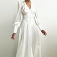 thumbnail image 2 of IROINNID Women's Summer Dresses V-Neck Long Lantern Sleeve Soild Color Long Dress, 2 of 8