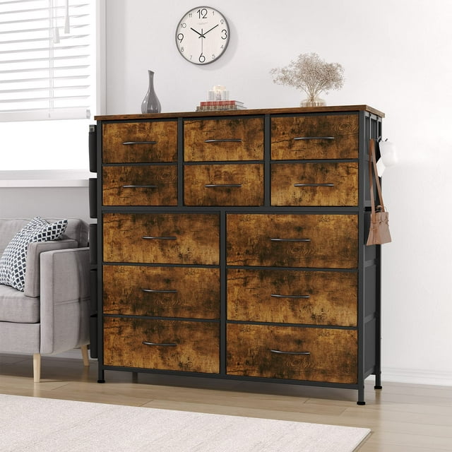 TROPOW Commode pour Chambre avec 12 Tiroirs, Commodes et Chiffonniers pour Couloir, Entrée, Unité d'Organisation de Rangement avec Tissu, Cadre en Métal Robuste, Dessus en Bois, Poignée à Tirage Facile
