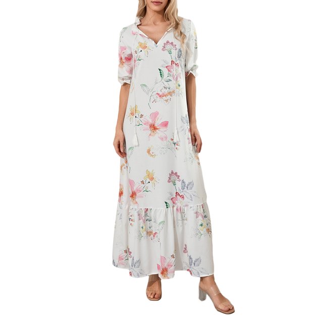 SUNSIOM Robe Longue pour Femmes, Élégante Manches Courtes Col en V Imprimé Fleur/graphique Robe Ample d'Été Décontractée