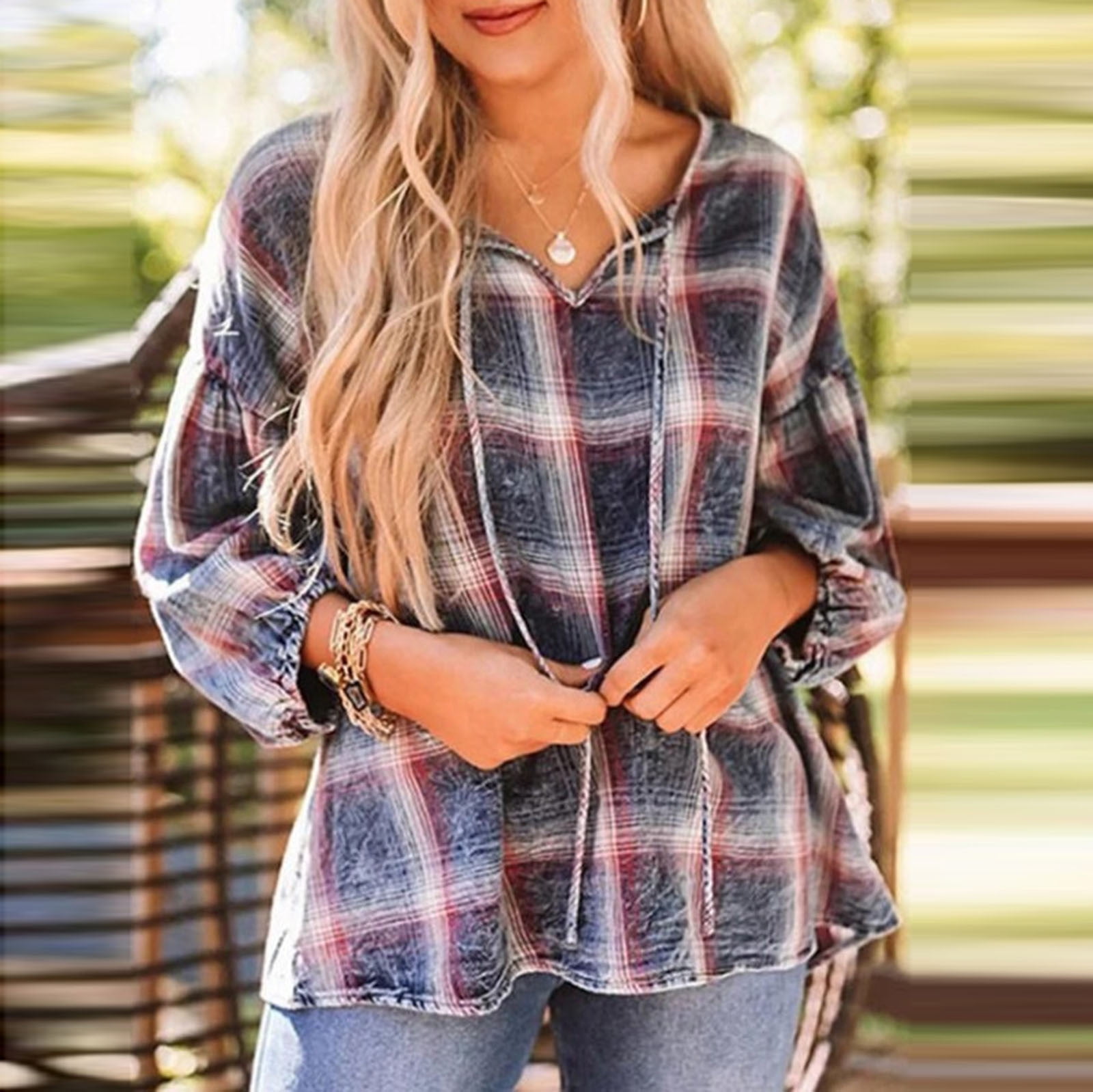 Womens Plaid Shirt V Neck Top Long Sleeves Blouse Casual Sweater Long Plus Size 