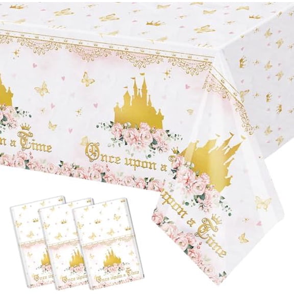 3Pcs Princess Birthday Party Tablecloths Once Upon a Time Table Cover Floral Gold Castle Party Decorations for Girls Women Birthday 108 x 54 Inch