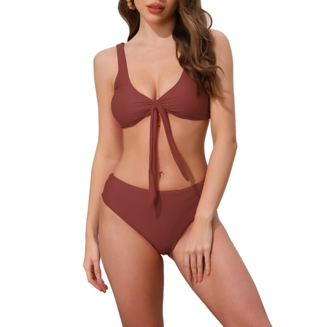 INSPIRAR CHIC Conjuntos de Bikini de Dos Piezas con Decoración de Cordones para Mujeres, Top de Tirantes Anchos y Parte Inferior Triangular, Trajes de Baño en Rojo Ladrillo Medio