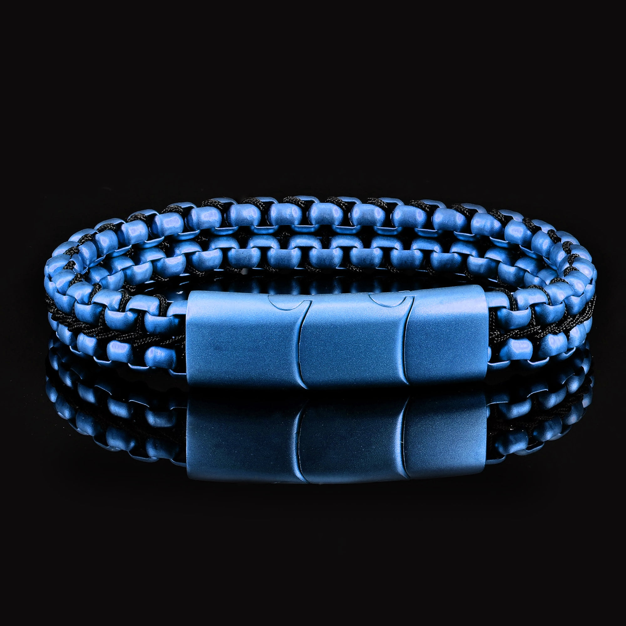 Crucible Jewelry Men's Matte Finish Double Row Box Chain Blue Plated Steel Bracelet (11mm) - 7.75" + 0.5" Ext