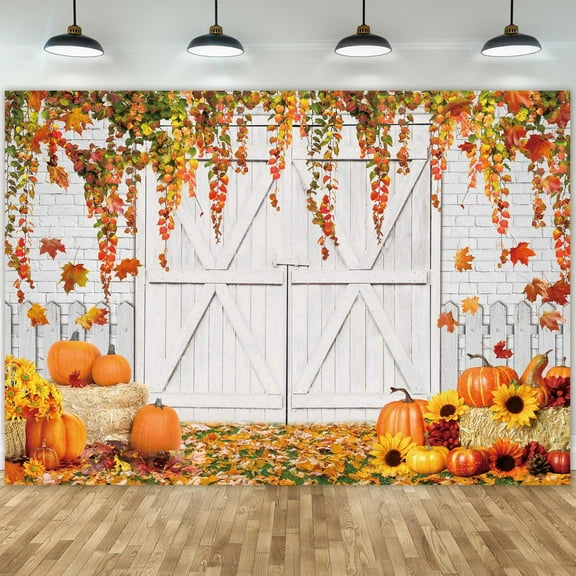Felortte 10x8ft Fall Rustic Wooden White Door Harvest Barn Backdrop Autumn Maple Leaves Photography Background for Thanksgiving Party Dec Photo Props