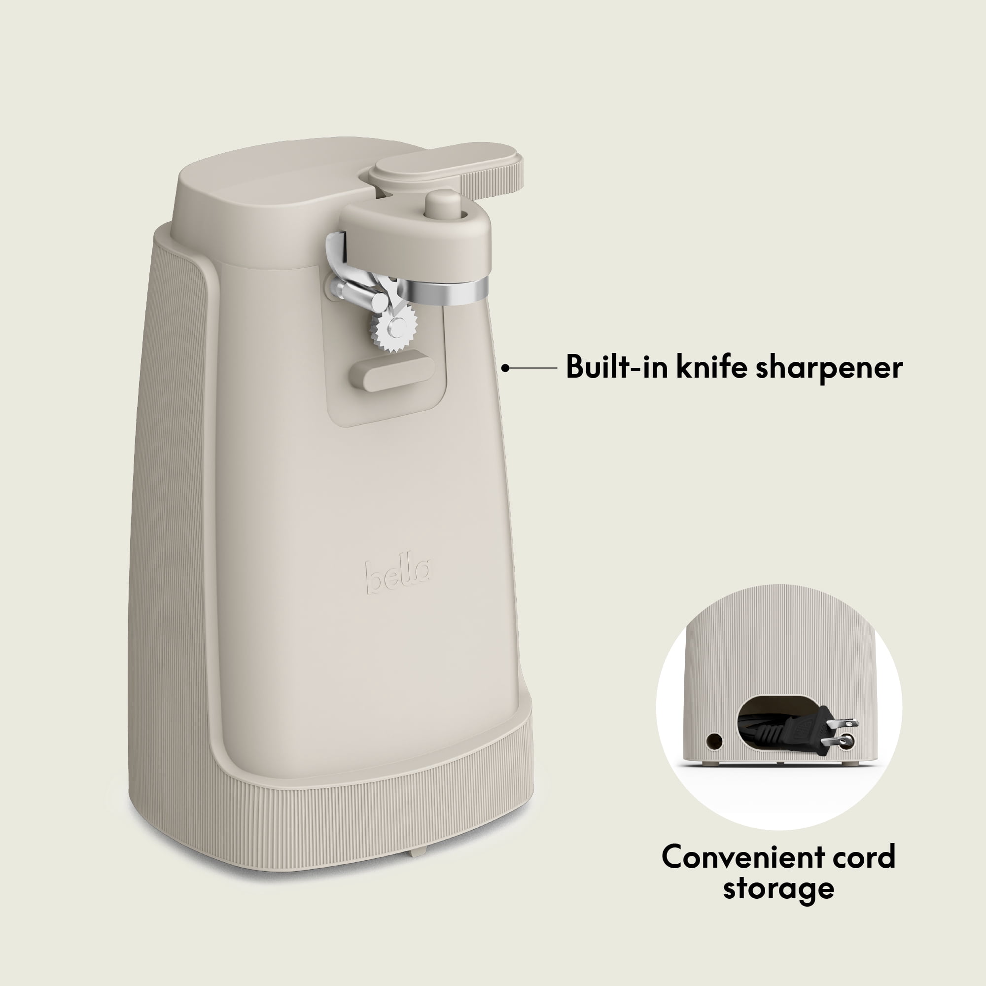 bella Electric Can Opener with Stainless Steel Cutting Blade and Cord Storage, Oatmilk