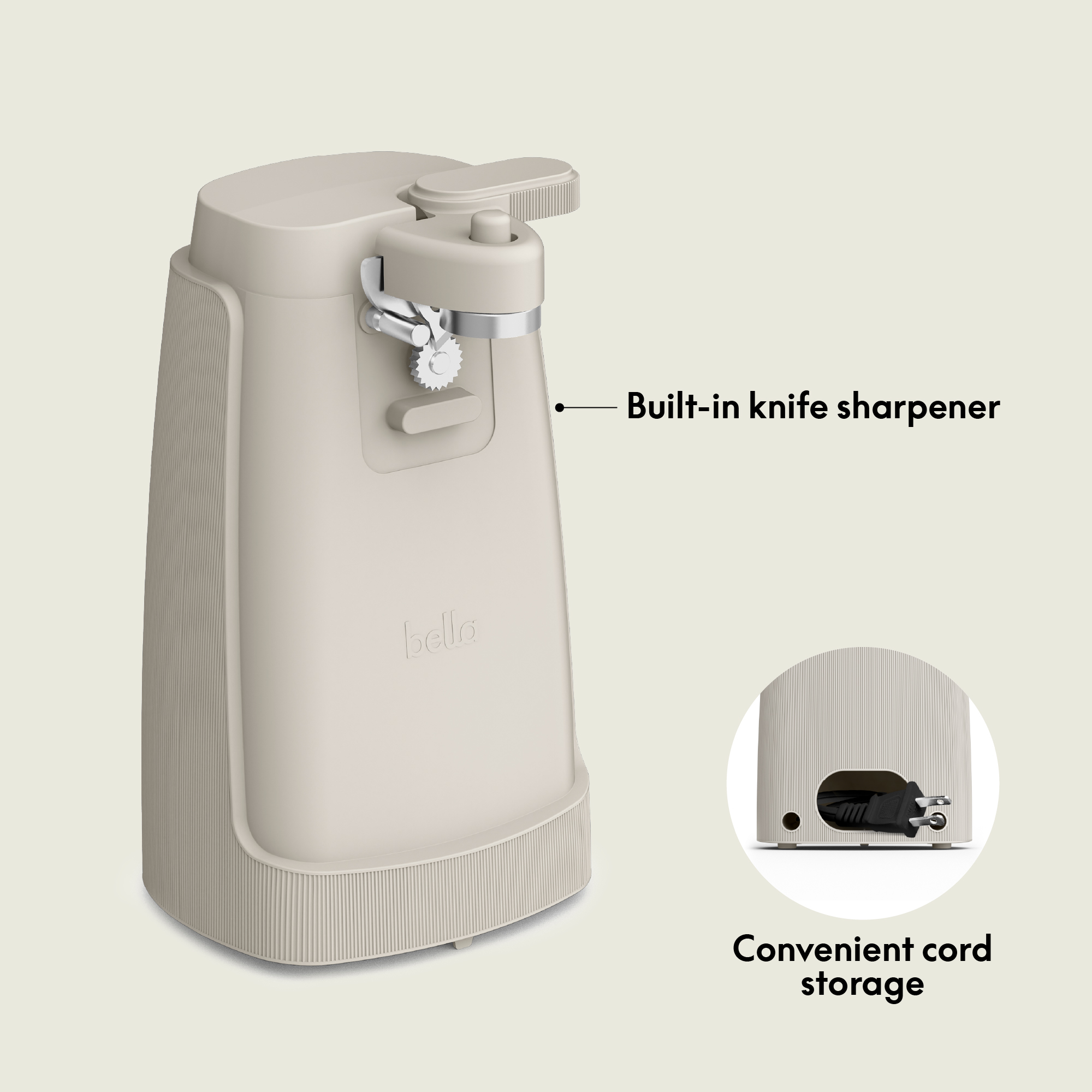 Bella Electric Can Opener with Stainless Steel Blade, Oatmilk photo 2