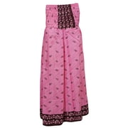 Mogul Women's Maxi Skirts Pink Vintage Silk Sari Smocked Waist Swirling Long Skirt