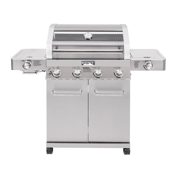 Monument Grills 4-Burner Propane Gas Grill with Clear View Lid, LED Controls, Side Burners, and Sear Zone