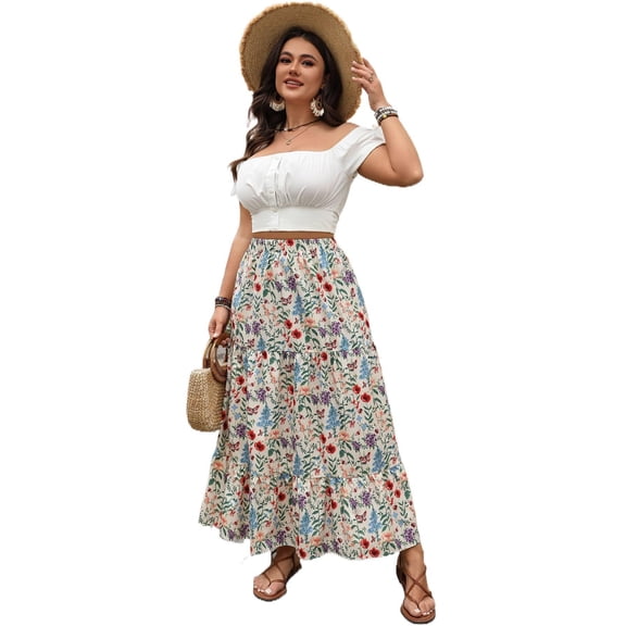 AURA Women’s A-Line Maxi Skirt Floral Print Pleated Design for Casual Wear Apricot XL–4XL