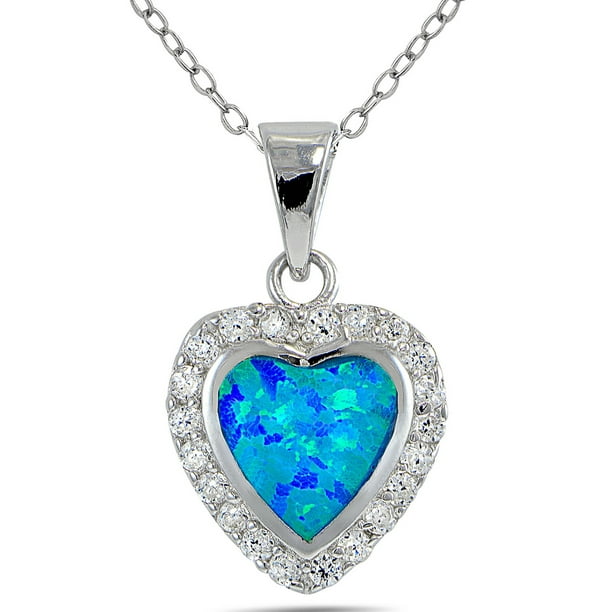 Generic - Created Blue Opal and CZ Sterling Silver Heart Necklace, 18 ...