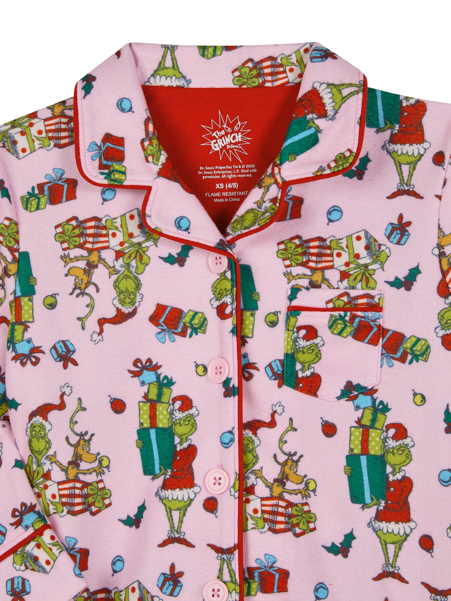 Grinch Girls Notch Collar Top and Sleep Pants Pajama Set, 2-Piece, Size L