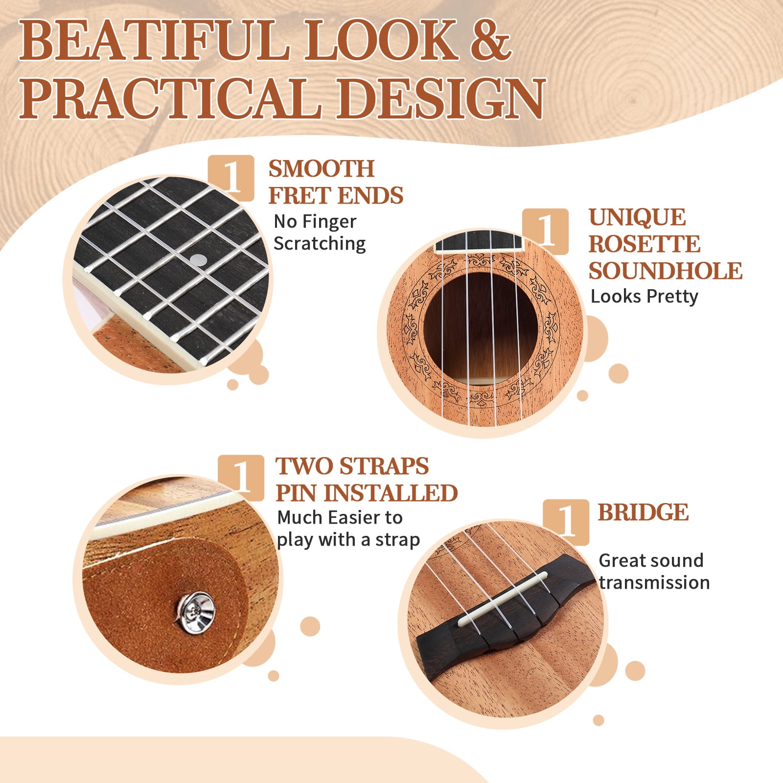 23-inch Ukulele, Mahogany Body 16-Fret 4-String Instrument with Complete Accessory Kit