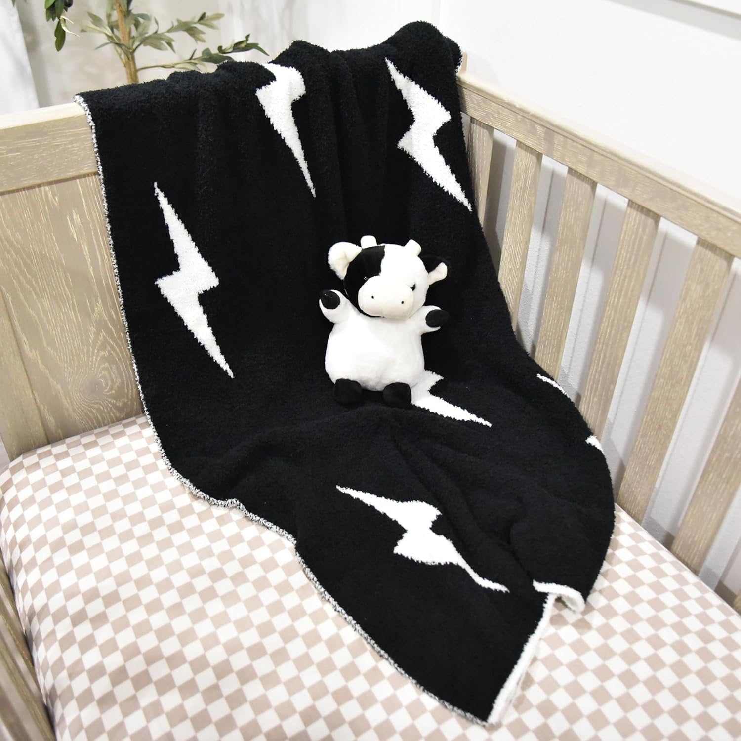 Lightning Bolt Baby Blanket 28"x40" with Leather Patch - Soft Knitted Throw - Receiving Blanket/Newborn Gift Essential for Nursery Black/White