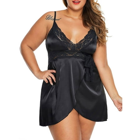 

LAPA Women s Plus Size Spaghetti Strap Solid Color See Through Lace Pajamas Nightgown