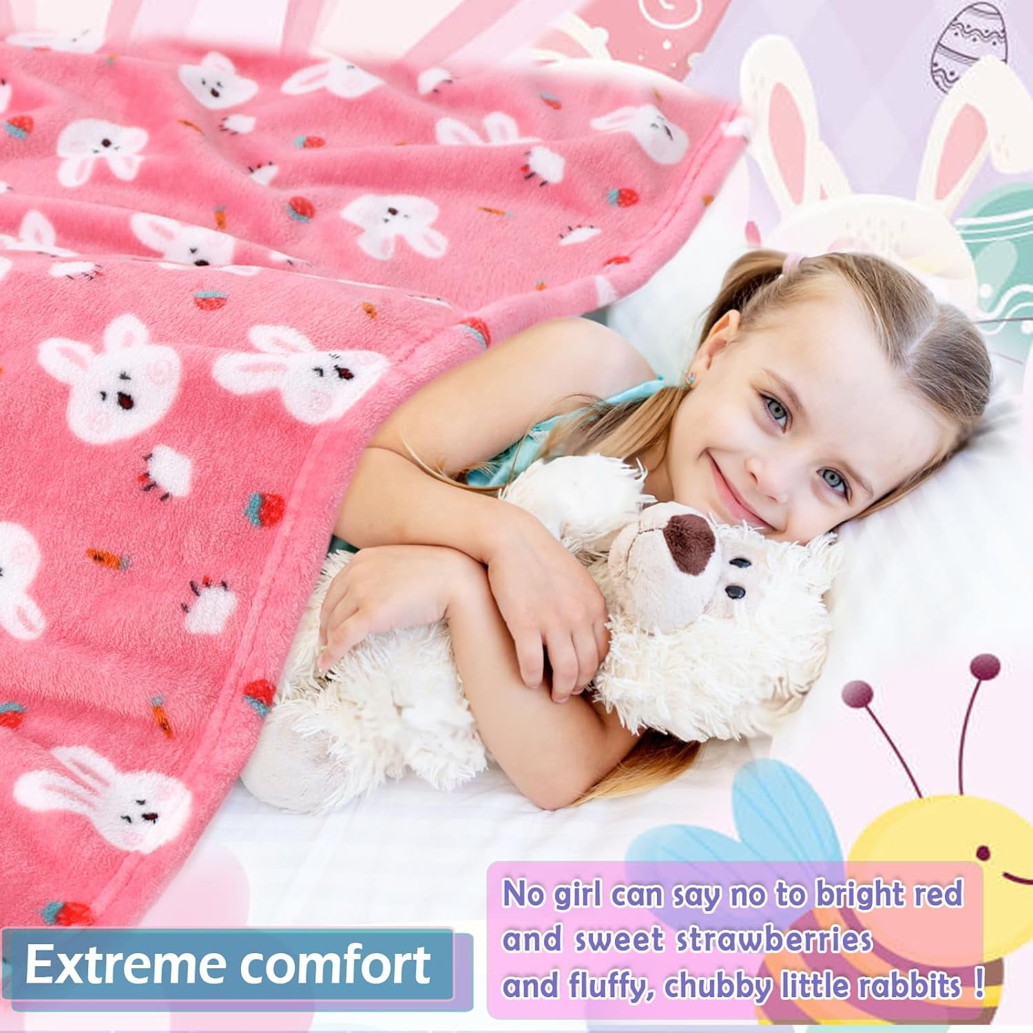 Warm Soft Teenagers Fleece Blankets for Women with Cartoon Bunny Pattern Print - Cozy Fuzzy Plush Flannel Users Blanket for Daycare & School - 50x60 inches (Pink)