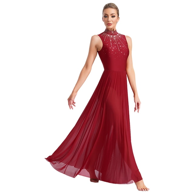 Raenseen Robe Longue Maxi de Danse Lyrique pour Femme Sans Manches Robe de Danse Moderne Contemporaine Tenue de Danse Bourgogne m